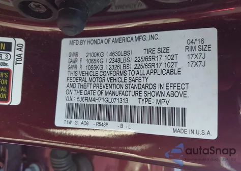 2016 Honda Cr-V Ex-L from USA, damaged, VIN 5J6RM4H71GL071313